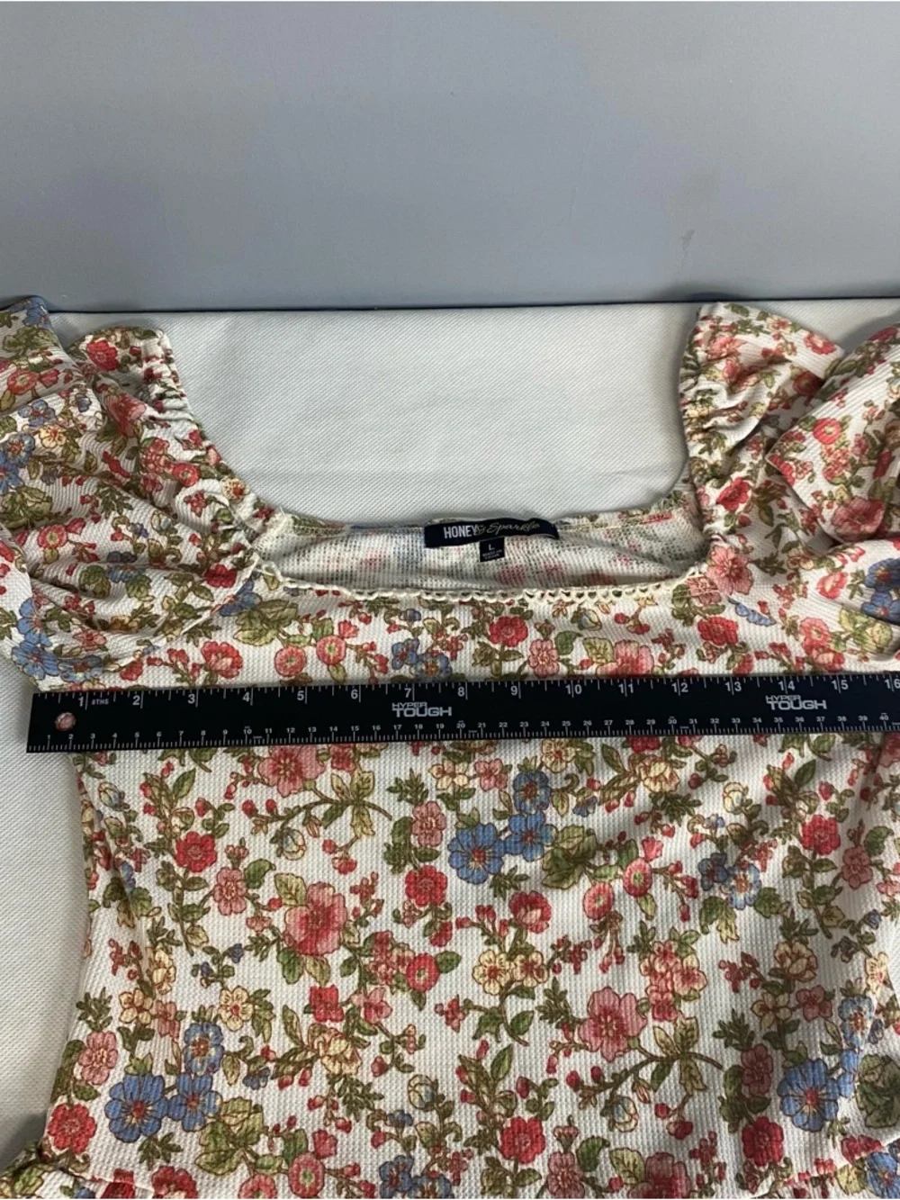 Honey & Sparkle Floral Crop Top Women Large Waffle Knit Cottagecore Feminine - Picture 10 of 14